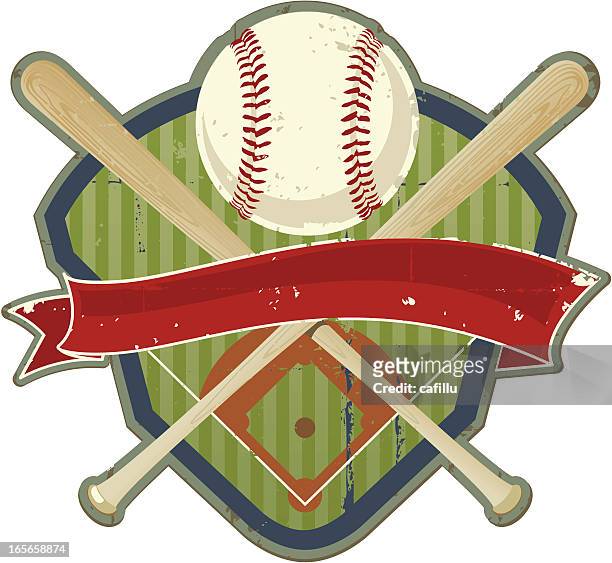 retro baseball crest with field and bats - baseball field background stock illustrations