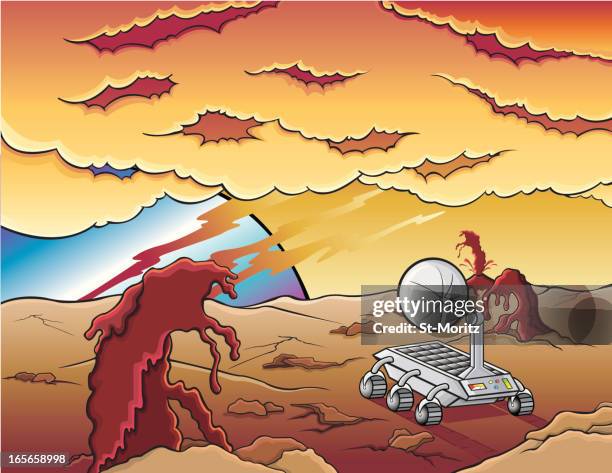alien planet scenery with space probe - space probe stock illustrations