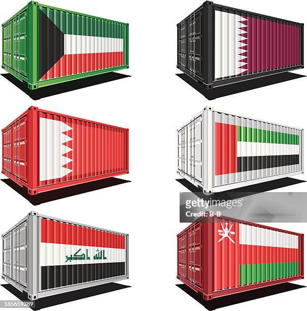 stockillustraties, clipart, cartoons en iconen met cargo containers with flag designs - oman