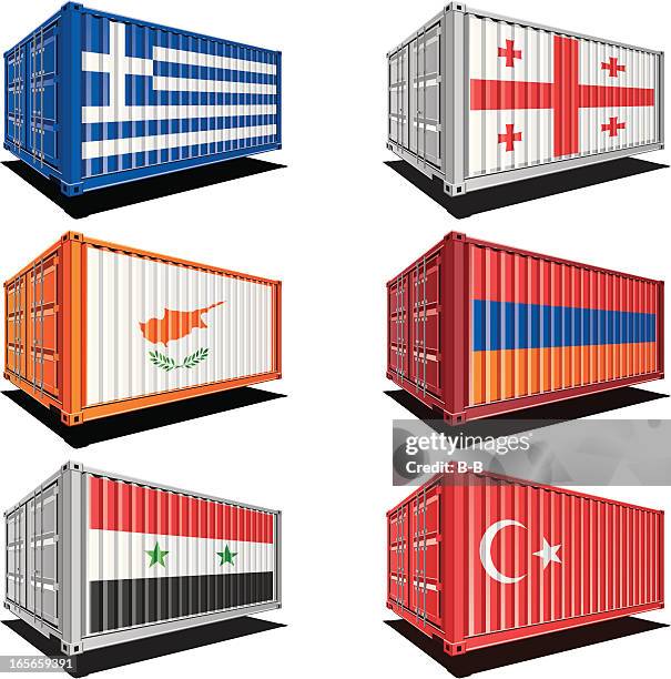 cargo containers with flag designs - greece import export stock illustrations