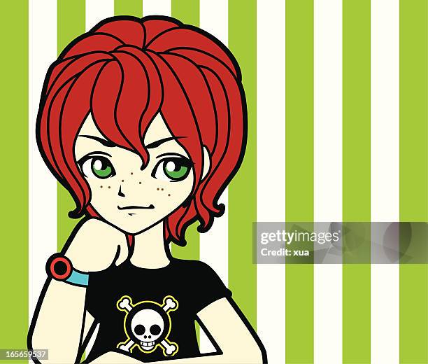 stockillustraties, clipart, cartoons en iconen met red haired girl - rock girl