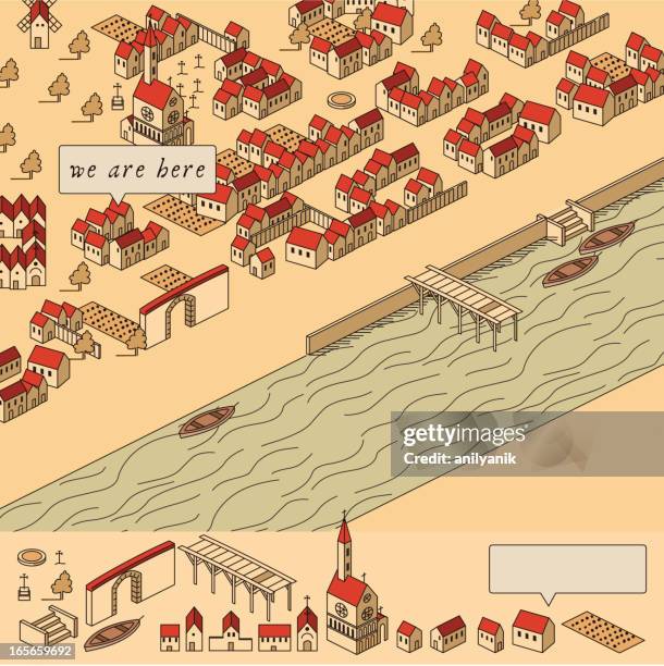 16. century map toolkit - isometric town stock illustrations