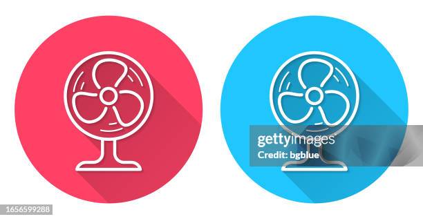 stockillustraties, clipart, cartoons en iconen met electric fan. round icon with long shadow on red or blue background - elektrische ventilator