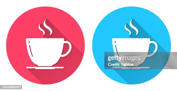 coffee cup. round icon with long shadow on red or blue background - mocha stock illustrations