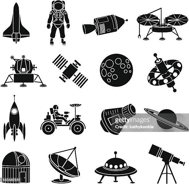 illustrazioni stock, clip art, cartoni animati e icone di tendenza di icone di esplorazione dello spazio - spazio cosmico