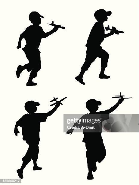boy'n toy airplane vector silhouette - child playing stock illustrations