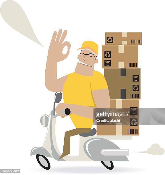 moving carton boxes with a motorcycle ( delivering ) and showing ok - bike hand signals stock illustrations