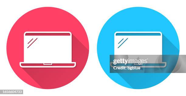 laptop. round icon with long shadow on red or blue background - two laptops open stock illustrations