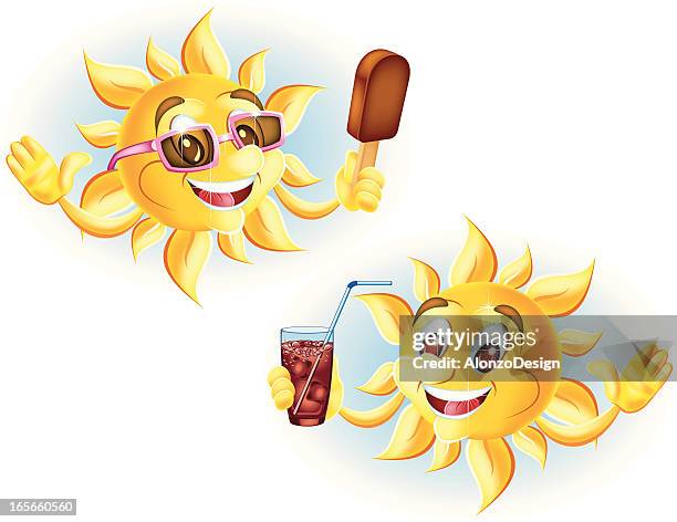 happy sun characters - eating ice cream stock illustrations