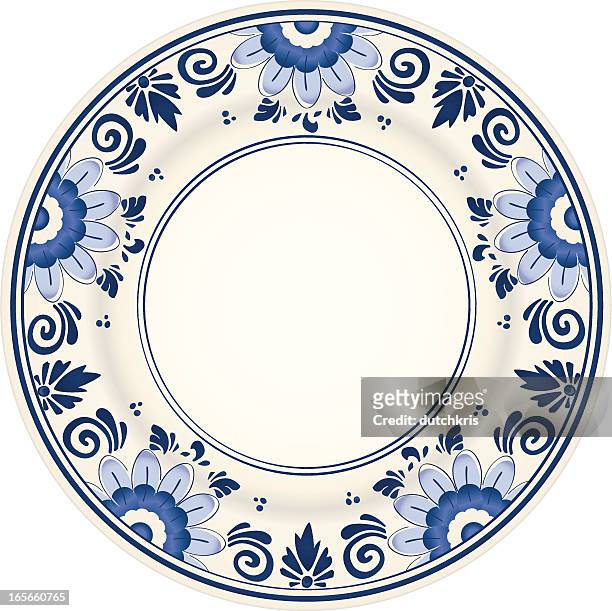 stockillustraties, clipart, cartoons en iconen met an antique blue and white plate - plate