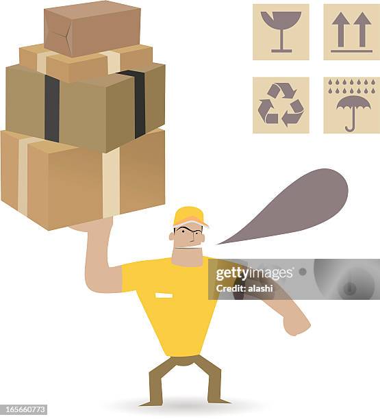 man carrying heavy carton boxes ( moving and delivery  ) - balancing act cartoon stock illustrations