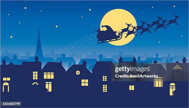 bildbanksillustrationer, clip art samt tecknat material och ikoner med santa riding reindeer sleigh on christmas eve - window awnings