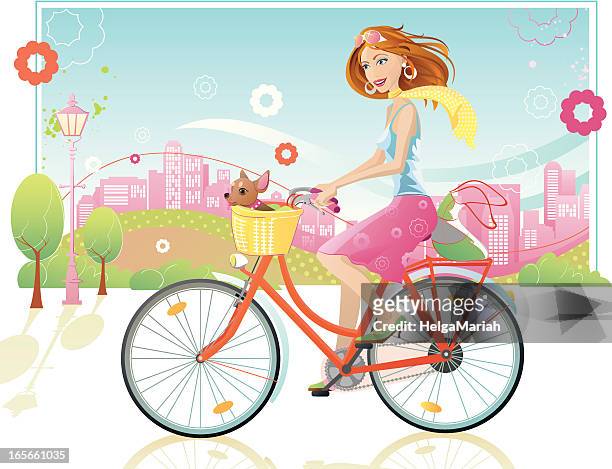 illustrations, cliparts, dessins animés et icônes de vélo équitation femme avec un chien dans le panier - femme printemps