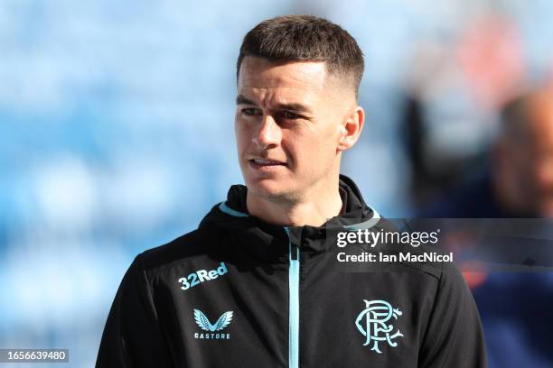 Tom Lawrence of Rangers arrives at the stadium prior to the Cinch Scottish Premiership match between Rangers FC and Celtic FC at Ibrox Stadium on...