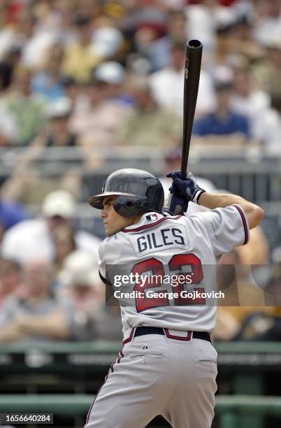 Marcus Giles of the Atlanta Braves bats against the Pittsburgh Pirates during a game at PNC Park on June 25, 2005 in Pittsburgh, Pennsylvania. The...