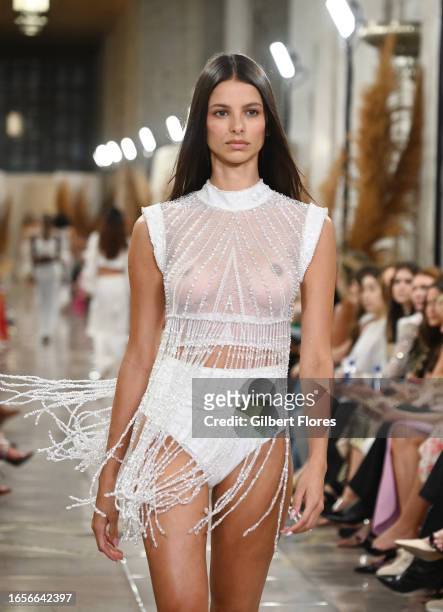 Image contains partial nudity.) Model on the runway at the PatBO Spring 2024 Ready To Wear Runway Show at Eleven Madison Park on September 9, 2023 in...