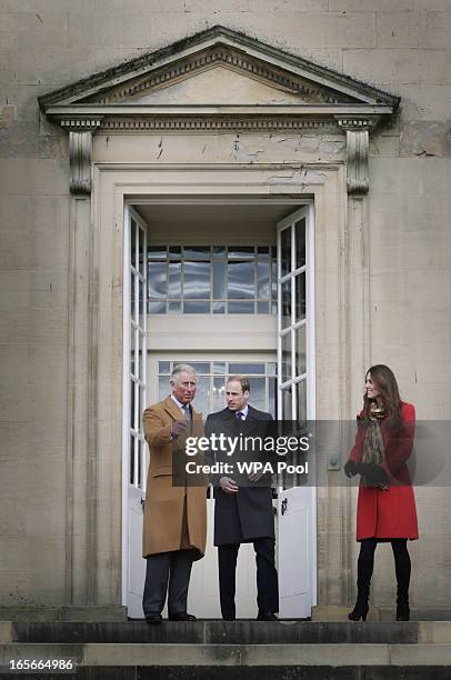 Prince Charles, Duke of Rothesay, Prince William, Earl of Strathearn and Catherine, Countess of Strathearn during a visit to Dumfries House on March...