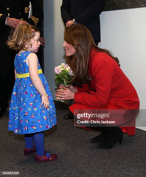 Catherine, Countess of Strathearn talks to Maizie Yeardley during a visit the Astute-class Submarine Building at BAE Systems on April 5, 2013 in...