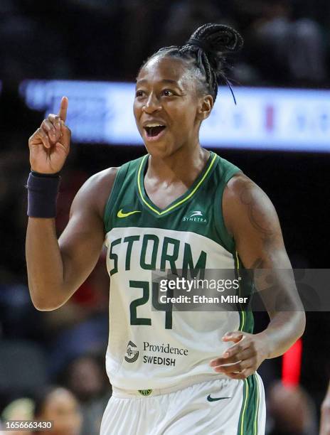 Jewell Loyd of the Seattle Storm asks for a video review after she was called for an offensive foul against the Las Vegas Aces in the third quarter...