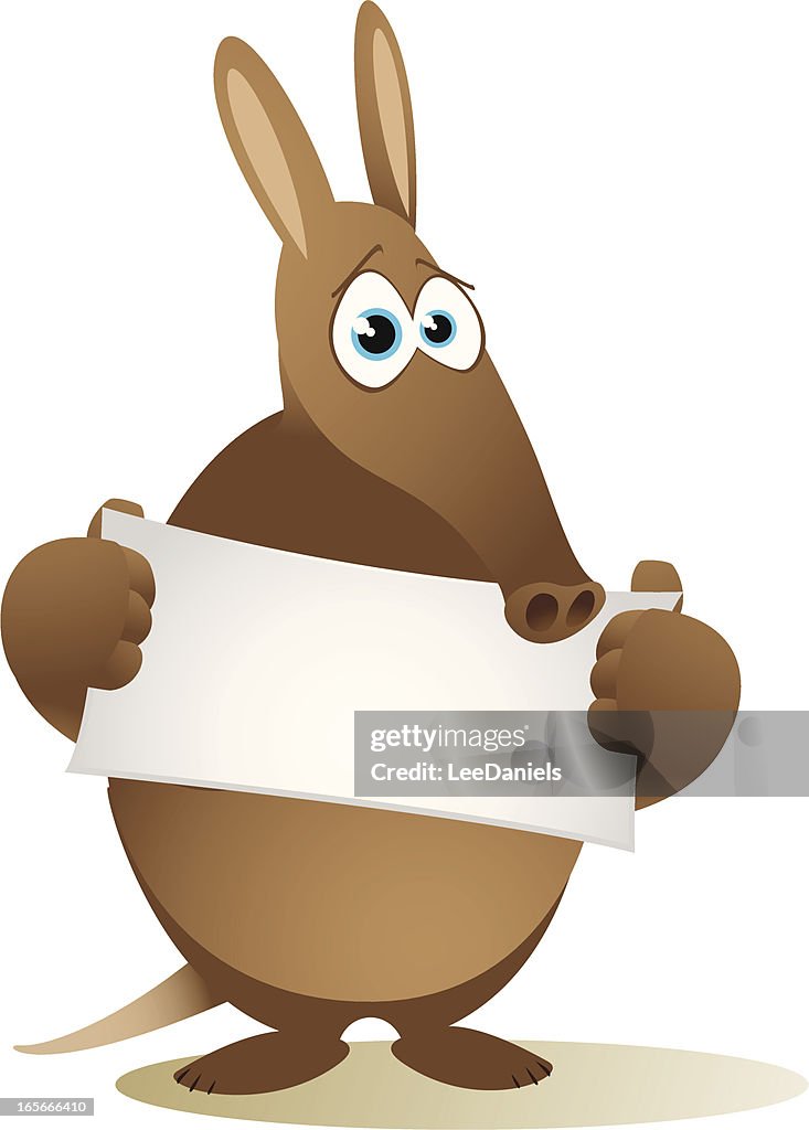 Aardvark holding a small blank banner