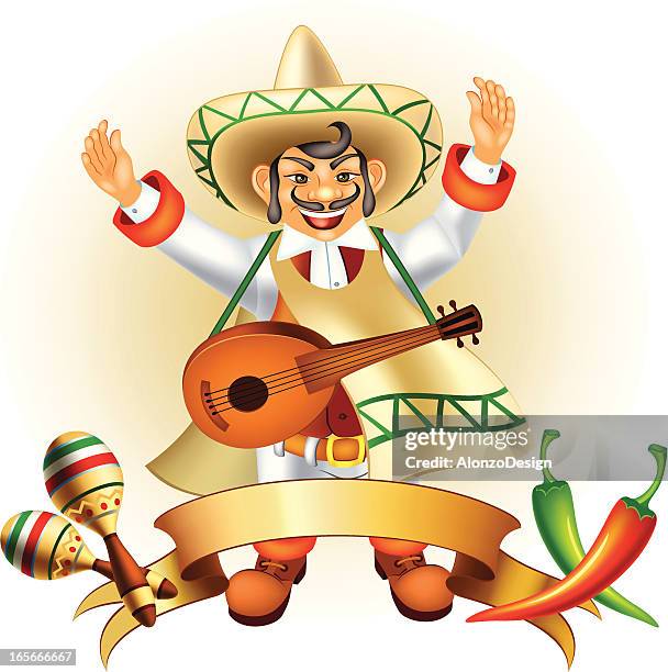 mariachi mit chili und maracas - tache sang stock-grafiken, -clipart, -cartoons und -symbole