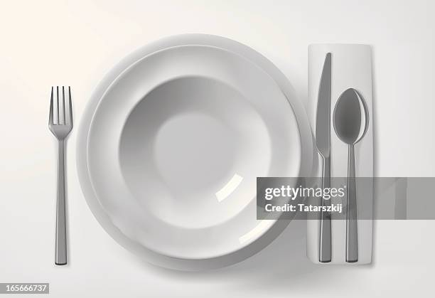 plates and cutlery on the table - white tablecloth stock illustrations
