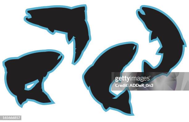 stockillustraties, clipart, cartoons en iconen met jumping trout silhouettes - forel