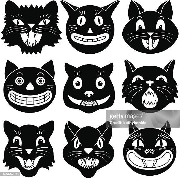 black and white images of halloween cat heads - animal teeth stock illustrations
