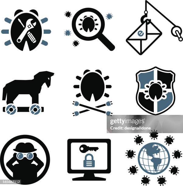 computer virus and protection icons - software vulnerability stock illustrations