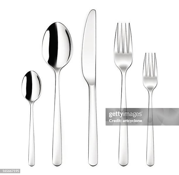 silverware set with spoon, fork, kinife - teaspoon stock illustrations