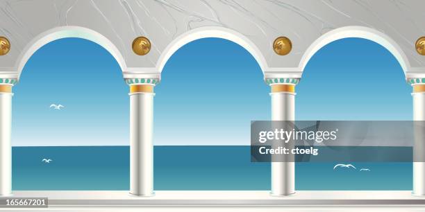 roman pillared arch gallery - sea view from window stock illustrations
