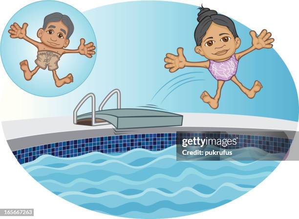 arabian children jumping into swimming pool - diving board pool stock illustrations