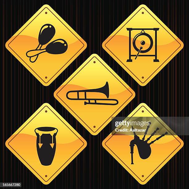 yellow signs - music instruments - bongo player stock illustrations