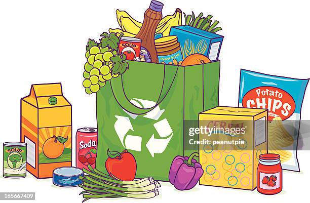 bildbanksillustrationer, clip art samt tecknat material och ikoner med reusable overflowing grocery bag - juice box