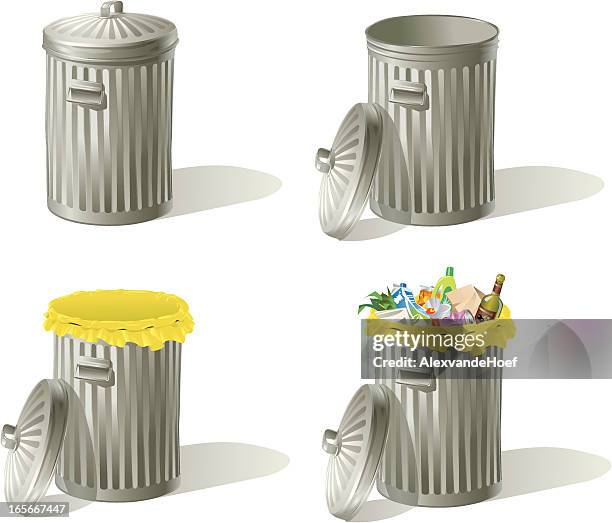 garbage bins empty and full - trash can lid stock illustrations
