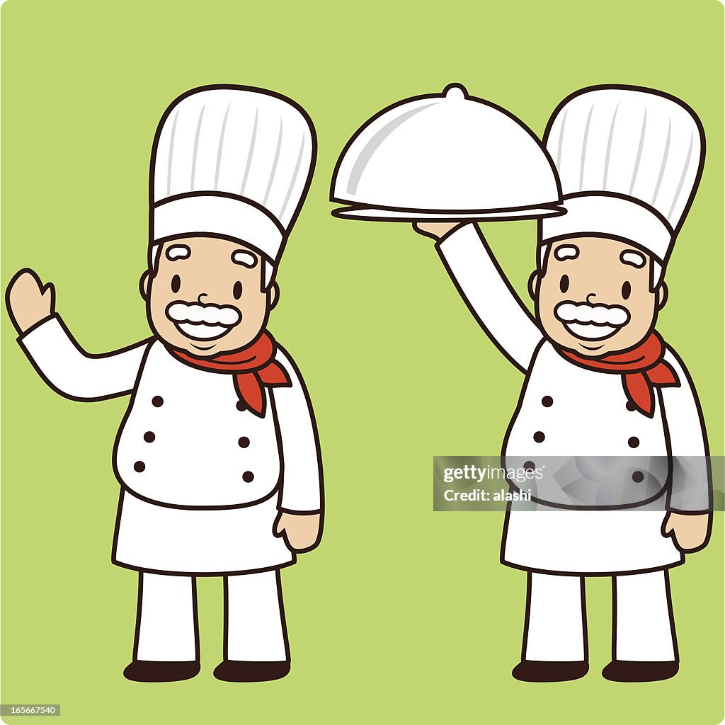 Serviço de comida (sénior feliz chef carregar um prato de jantar revestido