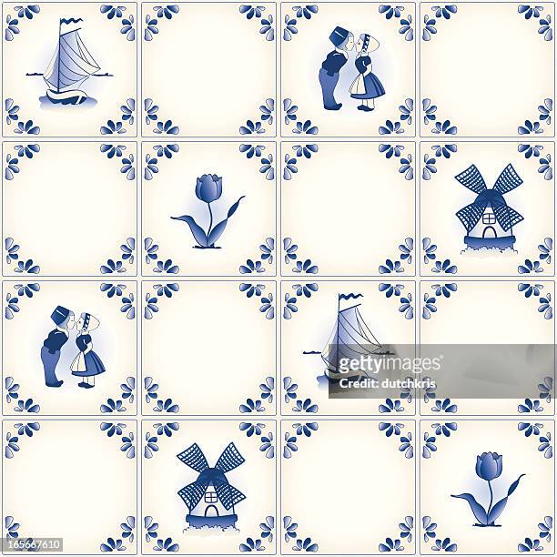 stockillustraties, clipart, cartoons en iconen met delft blue tile pattern swatch - delfts blauw