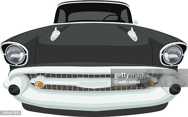 vector 1957 chevrolet bel air - front view - chrome hood ornament stock illustrations