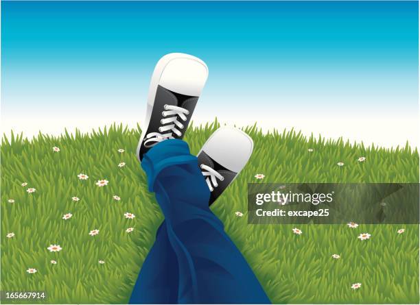 a cartoon image of someone's legs in grass - jeans illustration stock illustrations