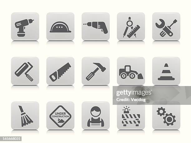 gray vector icon set relating to construction - using circular saw stock illustrations