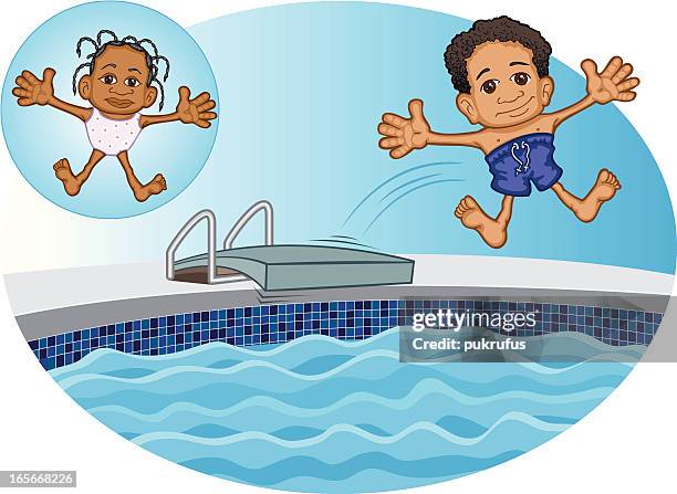 black kids jumping into swimming pool - black people in bathing suits stock illustrations