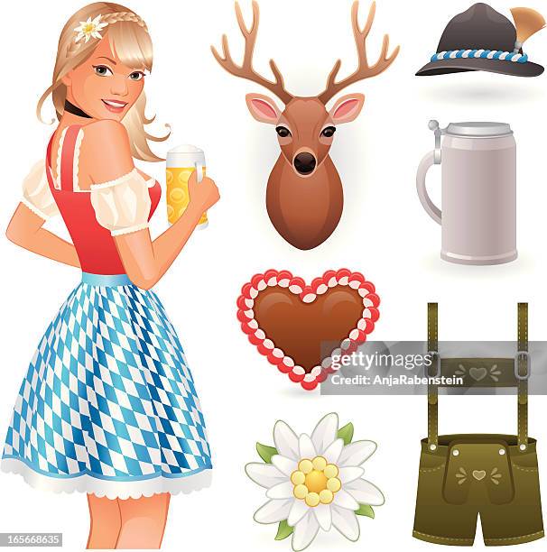 ilustraciones, imágenes clip art, dibujos animados e iconos de stock de oktoberfest collection con lebkuchenherz, lederhosen y deer cabeza - galletas navideñas