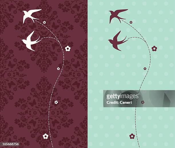 silhouettes of swallows flying on damask background - swallow bird 幅插畫檔、美工圖案、卡通及圖標