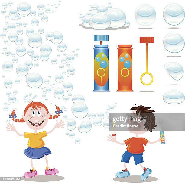 kids and soap bubbles - blowing bubble stock illustrations