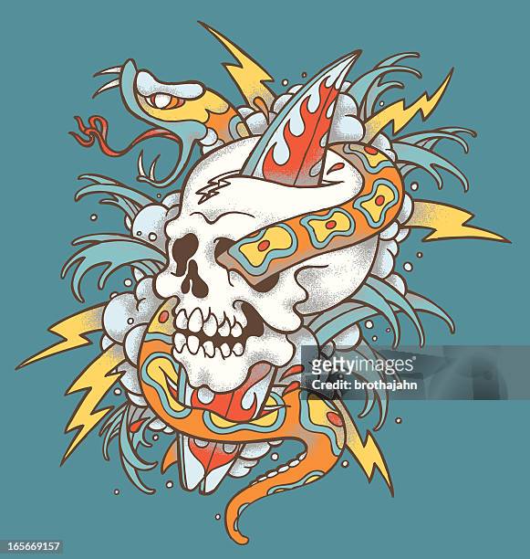 surf-wahnsinn-tätowierung - skull tattoos stock-grafiken, -clipart, -cartoons und -symbole