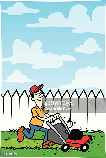 mowing the lawn - man mowing stock illustrations