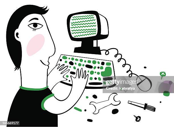 techno boy - child computer white background stock illustrations