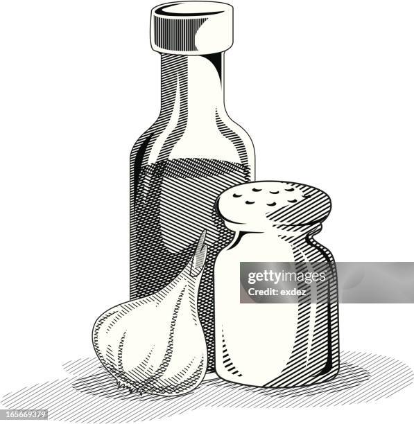 illustrazioni stock, clip art, cartoni animati e icone di tendenza di salt cipolla olio - aceto