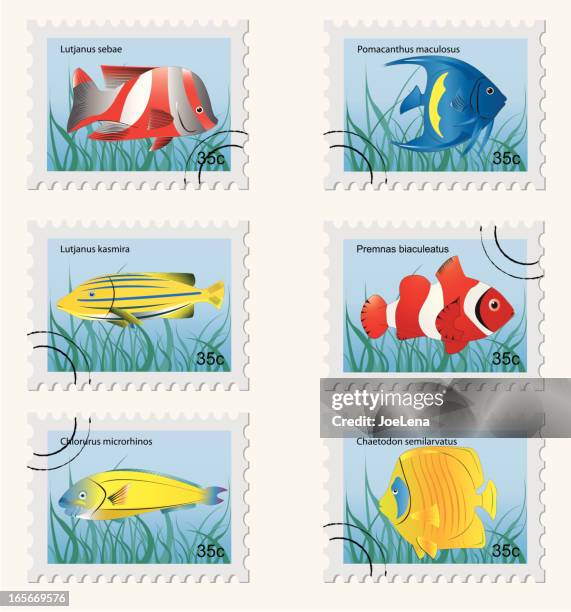 tropical fish stamps - yellowbar angelfish stock illustrations