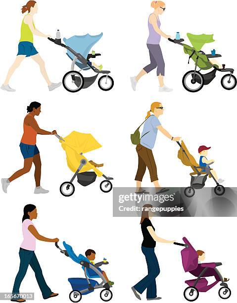 bildbanksillustrationer, clip art samt tecknat material och ikoner med a cartoon depiction of multiple moms pushing stroller - baby stroller